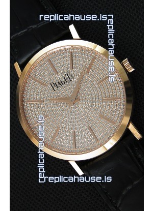 Piaget Altiplano G0A36128 Paved Diam Dial Swiss Quartz Replica Watch in Pink Gold Case