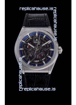 Zenith Defy Classic Skeleton 41 mm Titanium Men's Swiss Replica Watch - Black Leather Strap