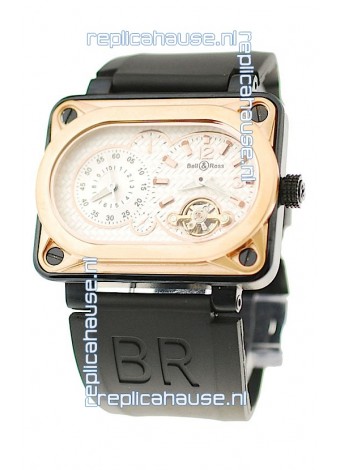 Bell and Ross BR Minuteur Tourbillon Japanese Replica Gold Watch in White Dial