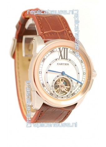 Calibre de Cartier Flying Tourbillon Japanese Replica Rose Gold Watch 