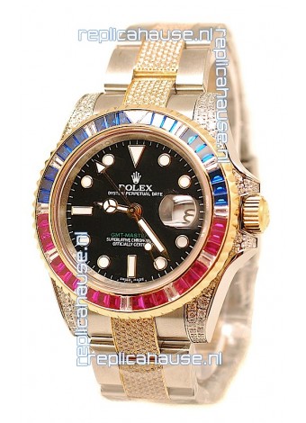 Rolex GMT Masters II 2011 Edition Swiss Replica Two Tone Watch with Diamonds Casing and Bezel