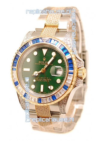 Rolex GMT Masters II 2011 Edition Swiss Replica Two Tone Watch with Diamonds Casing and Bezel