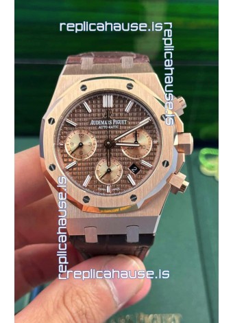 Audemars Piguet Royal Oak Chronograph Rose Gold Brown Dial Leather Strap Swiss Replica Watch