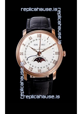 Blancpain "Villeret Quantième Complet" 904L Steel Rose Gold Watch in White Dial