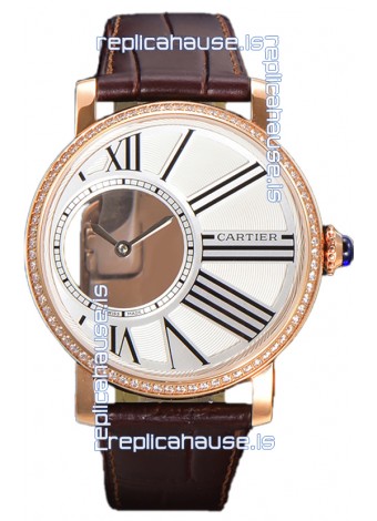 Rotonde De Cartier in Rose Gold Casing - Leather Strap Swiss Quartz Replica Watch 