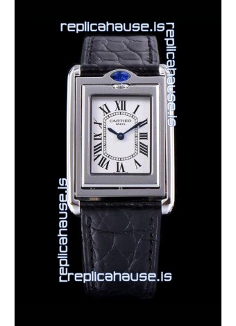 Cartier Tank Reversible Swiss Quartz Replica Watch in Steel Casing - Black Strap