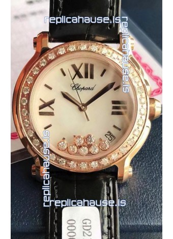 Chopard Happy Rose Gold Swiss Quartz Watch 1:1 Mirror Replica - Genuine Diamonds 