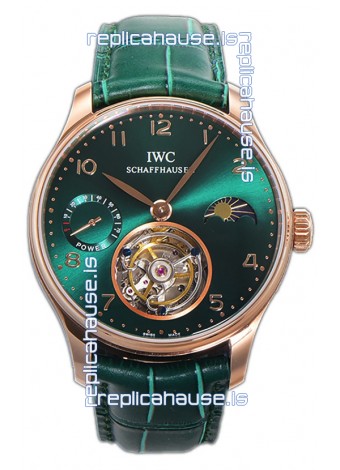 IWC Portugese Hand-Wound Genuine Tourbillon Green Dial Rose Gold Casing Swiss Replica Watch 