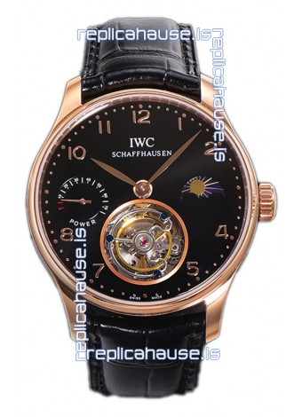 IWC Portugese Hand-Wound Genuine Tourbillon Black Dial Rose Gold Casing Swiss Replica Watch 