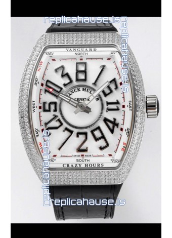Franck Muller Vanguard Crazy Hours in Stainless Steel Diamonds - White Dial Swiss Replica Watch 