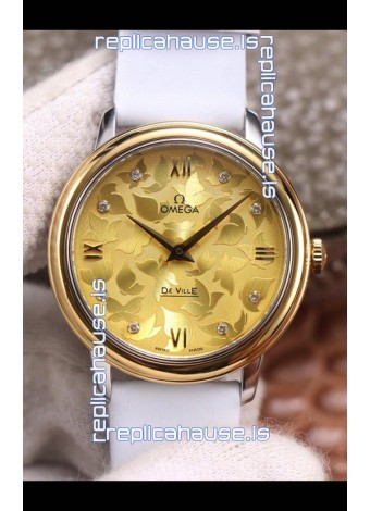 Omega De Ville Floral Dial Swiss Quartz Movement in Two Tone Casing - Gold Dial