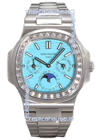 Patek Philippe Nautilus 5740 Perpetual Calendar White Gold Tiffany Dial Diamonds Bezel Swiss Replica Watch 