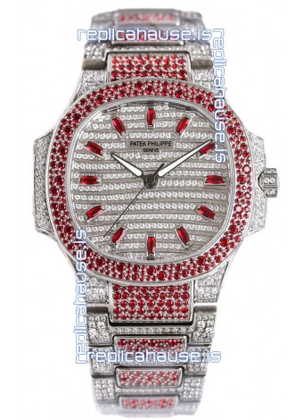 Patek Philippe Nautilus 7118R 35MM 1:1 Red Diamonds Paved Watch in Steel Casing 