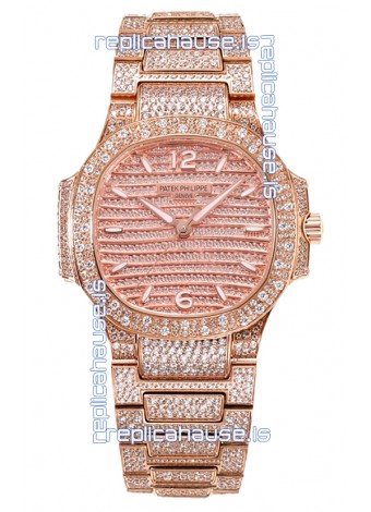 Patek Philippe Nautilus 7118R 35MM 1:1 Diamonds Paved Watch in Rose Gold Casing