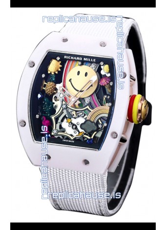 Richard Mille RM088 Smiley Tourbillon White Ceramic Casing Nylon Strap Replica Watch 