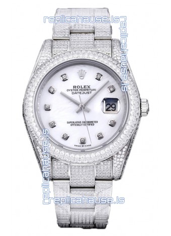 Rolex Datejust 41MM Swiss Replica - Iced Out Edition in White Pearl Dial