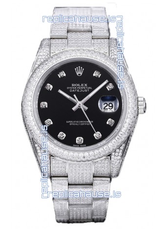 Rolex Datejust 41MM Swiss Replica - Iced Out Edition in Black Dial 