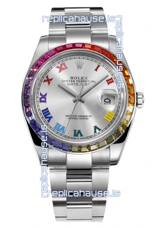 Rolex Datejust 41MM Swiss Replica Watch - 904L Steel in Rainbow Bezel 