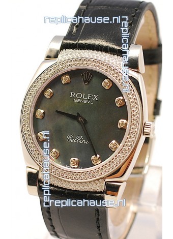 Rolex Cellini Cestello Ladies Swiss Watch in Black Pearl Face Diamonds Markers