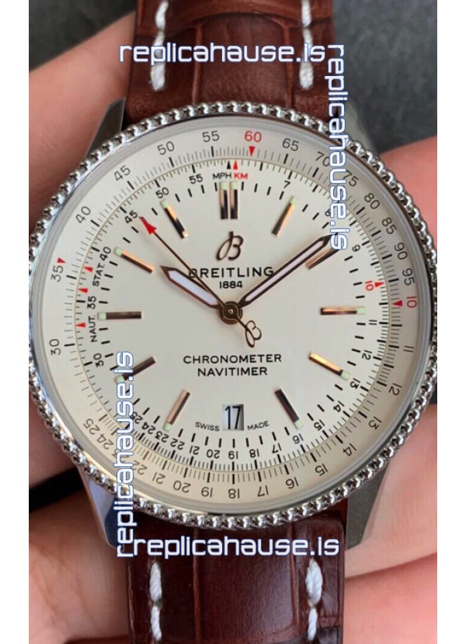 Breitling Navitimer 1 Automatic Swiss Replica Watch in White Dial Brown Leather Strap