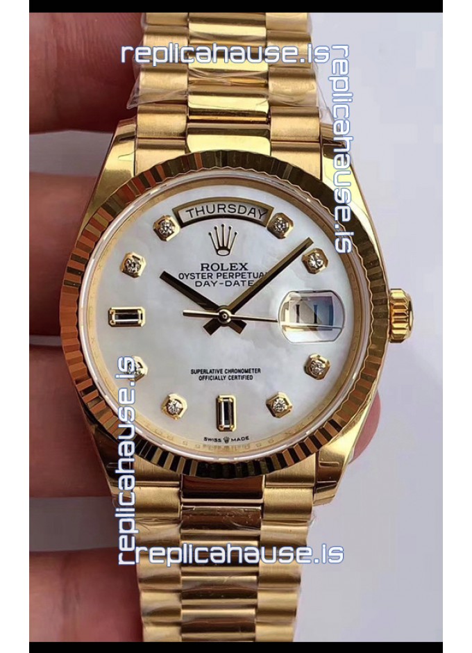 Rolex Day Date 36MM Yellow Gold M128238 in White Mother of Pearl Dial 1 1 Mirror