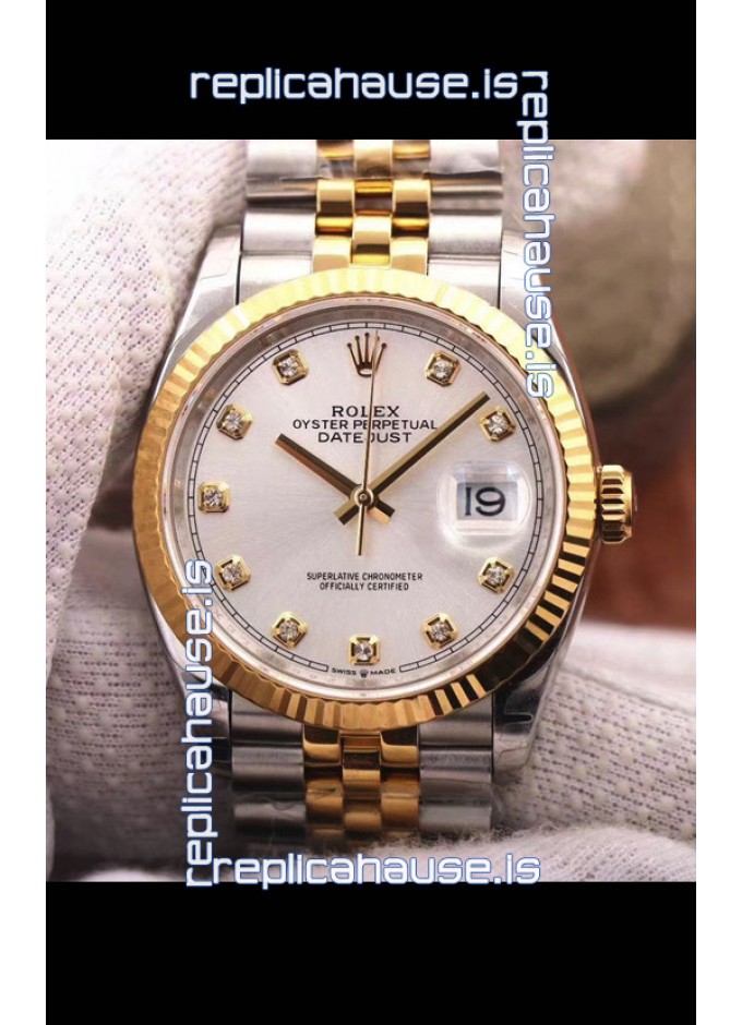 Rolex Datejust 36MM Cal.3135 Movement Swiss Replica Watch in 904L Steel Two Tone Casing Silver