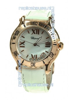Chopard Happy Sport Diamonds Edition Replica Gold Watch in White Strap