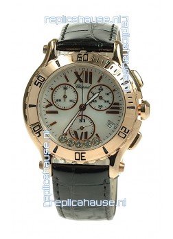 Chopard Happy Sport Diamonds Edition Replica Gold Watch in Black Strap