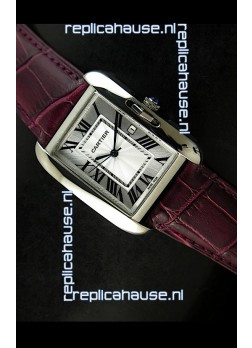 Cartier Tank Ladies Replica Watch in Steel Case/Maroon Strap