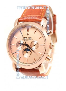 Vacheron Constantin Malte Perpetual Chronograph Japanese Replica Watch in Brown Strap