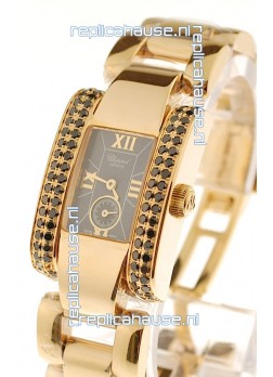 Chopard La Strada Swiss Ladies Replica Pink Gold Watch in Black Dial 