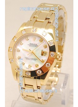 Rolex Datejust Pearlmaster Japanese Replica Gold Watch in White Pearl Dial -34MM