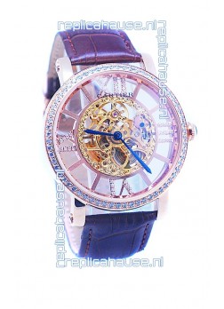 Ronde De Cartier Skeleton Rose Gold Japanese Watch in Diamond Bezel
