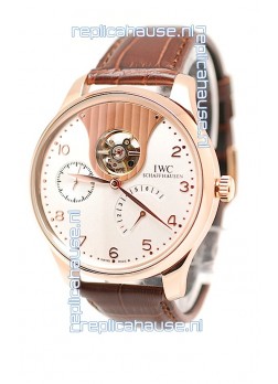 IWC Portuguese Tourbillon Mystere Japanese Replica Rose Gold Watch in White Dial