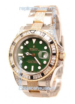 Rolex GMT Masters II 2011 Edition Swiss Replica Two Tone Watch with Diamonds Casing and Bezel