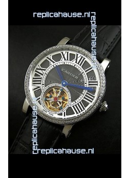 Cartier Ronde de Tourbillon Japanese Replica Diamond Watch in Black Dial