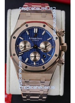 Audemars Piguet Royal Oak Chronograph Rose Gold Blue Dial Steel Strap Swiss Replica Watch