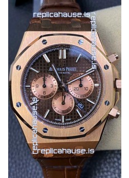 Audemars Piguet Royal Oak Chronograph Rose Gold Brown Dial Leather Strap Swiss Replica Watch