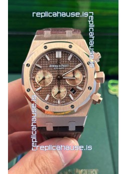 Audemars Piguet Royal Oak Chronograph Rose Gold Brown Dial Leather Strap Swiss Replica Watch
