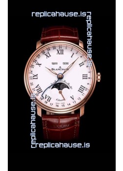 Blancpain "Villeret Quantième Complet" 904L Steel Rose Gold Watch in White Dial