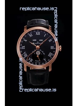 Blancpain "Villeret Quantième Complet" 904L Steel Rose Gold Watch in Black Dial