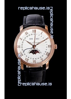 Blancpain "Villeret Quantième Complet" 904L Steel Rose Gold Watch in White Dial
