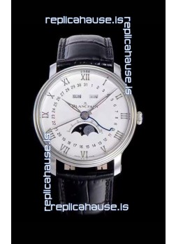 Blancpain "Villeret Quantième Complet" 904L Steel Swiss Watch in Off-White Dial