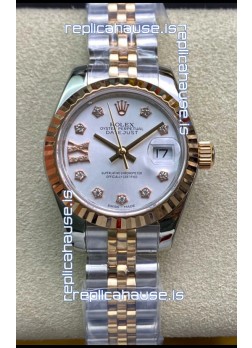 Rolex Datejust 28MM Swiss Replica in 904L Steel 2 Tone Rose Gold in White Dial - 1:1 Mirror Replica