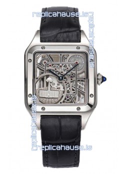 Cartier Santos Dumont Skeleton Stainless Steel Watch in Black Leather Strap 43.5MM