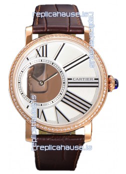 Rotonde De Cartier in Rose Gold Casing - Leather Strap Swiss Quartz Replica Watch 