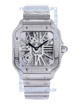 Santos De Cartier Watch in Skeleton Dial - Diamonds Bezel in Steel Casing & Strap Swiss Replica