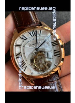 Drive De Cartier Yellow Gold Tourbillon Super clone Replica Watch in White Dial 