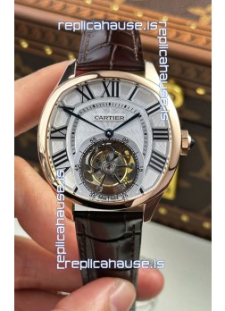 Drive De Cartier Rose Gold Tourbillon Super clone Replica Watch in White Dial 