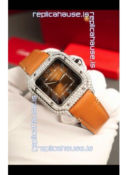 Santos De Cartier Watch in Brown Dial 39.50MM MOSSANITES Paved Bezel Swiss Replica Watch